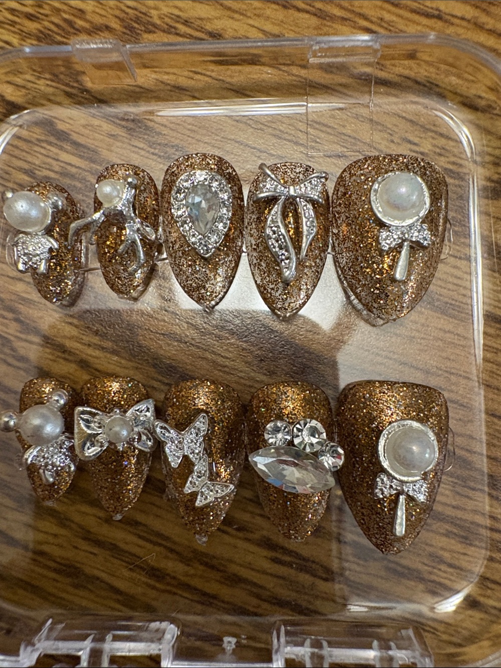 Gold Glitter Crystal & Pearl Accent Press-On Nails - Sparkling Brown Gold